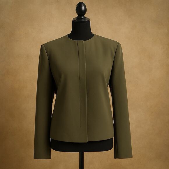 VTG Giorgio Armani Blazer 38 Olive Wool Collarless Minimalist Italy Structured - Picture 1 of 11